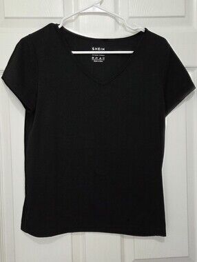 Women Solid Black V-Neck Short Sleeve Relax Fit Lightweight Tee Size Small